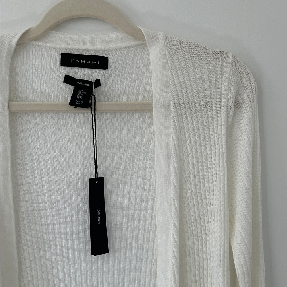 Tahari Sweater Women’s M White Linen Open Front Duster Romantic Feminine - Picture 3 of 16